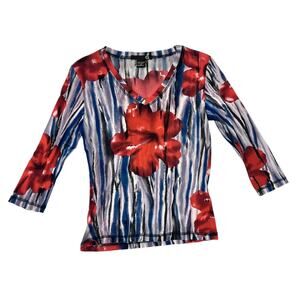 Y2K floral mesh top blouse shirt sexy v neck 3/4 sleeve red blue 2000s M sheer
